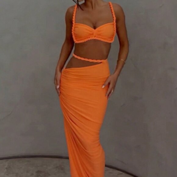 Orange Women's Sexy Backless Camisole top, Hip Hugging maxi Skirt Set - Picture 2 of 8